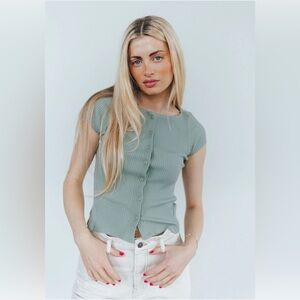 Free People Ribbed Button Front Short Sleeve Top Sage Green Size Large